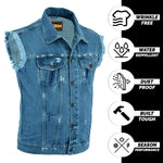 SOA Blue Denim Rugged Sleeveless Frayed Edges Vest–Motorcycle Folded Collar Concealed Carry Gun Pockets| Biker Riding Jacket,Gift for Bikers ADM LEATHER