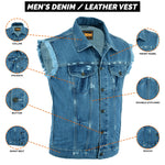 SOA Blue Denim Rugged Sleeveless Frayed Edges Vest–Motorcycle Folded Collar Concealed Carry Gun Pockets| Biker Riding Jacket,Gift for Bikers ADM LEATHER