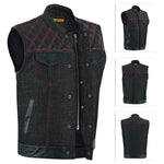 ADM Leather Men’s SOA Style Denim & Leather Motorcycle Vest – Diamond Quilted Shoulders, Gun Pockets, Club Riding Vest, Red Stitching with Band Collar ADM LEATHER