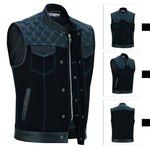 ADM Leather Men’s SOA Denim & Leather Motorcycle Vest — Diamond Quilted Shoulders, Concealed Carry Pockets, Band Collar, Blue Stitching ADM LEATHER