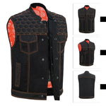 A collage of images displaying a men's motorcycle club-style vest with red stitching, denim chest panels, and a standup collar. It features concealed carry gun pockets, a heavy-duty zipper, and a diamond-quilted shoulder design.