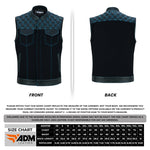 ADM Leather Men’s SOA Denim & Leather Motorcycle Vest — Diamond Quilted Shoulders, Concealed Carry Pockets, Band Collar, Blue Stitching ADM LEATHER