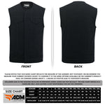 ADM Leather Men’s SOA Style Black Denim Motorcycle Biker Vest – Diamond Quilted Shoulders, Concealed Carry Gun Pockets, Club Riding Vest, With No Band Collar ADM LEATHER