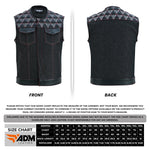 ADM Leather Men’s SOA Style Denim & Leather Motorcycle Vest – Diamond Quilted Shoulders, Concealed Gun Pockets, White Embroidery, Red Stitching, Band Collar ADM LEATHER