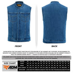 ADM Leather Men’s SOA Style Blue Denim Motorcycle Biker Vest – Diamond Quilted Shoulders, Concealed Carry Pockets, Band Collar ADM LEATHER