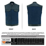 ADM Leather SOA Blue Denim Black Leather Vest, Men’s Motorcycle Biker Club Vest, YKK Zipper, Concealed Carry, Band Collar Rider Vest ADM LEATHER