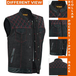 ADM Leather Men’s SOA Style Denim & Leather Motorcycle Vest – Diamond Quilted Shoulders, Gun Pockets, Club Riding Vest, Red Stitching with Band Collar ADM LEATHER
