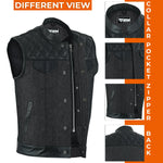 ADM Leather Men’s SOA Style Denim & Leather Motorcycle Vest – Diamond Quilted Shoulders, Gun Pockets, Club Riding Vest, Black Stitching With Band Collar ADM LEATHER
