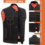 ADM Leather Men’s SOA Denim & Mesh Motorcycle Vest — Orange Stitching, Concealed Carry Pockets, YKK Zipper, Club-Style Band Collar ADM LEATHER