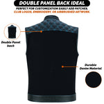 ADM Leather Men’s SOA Denim & Leather Motorcycle Vest — Diamond Quilted Shoulders, Concealed Carry Pockets, Band Collar, Blue Stitching ADM LEATHER