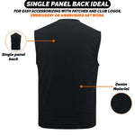 ADM Leather Men’s SOA Style Black Denim Motorcycle Biker Vest – Diamond Quilted Shoulders, Concealed Carry Gun Pockets, Club Riding Vest, With No Band Collar ADM LEATHER