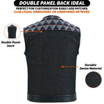 ADM Leather Men’s SOA Style Denim & Leather Motorcycle Vest – Diamond Quilted Shoulders, Concealed Gun Pockets, White Embroidery, Red Stitching, Band Collar ADM LEATHER