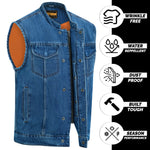 ADM Leather Men’s SOA Style Blue Denim Motorcycle Biker Vest – Diamond Quilted Shoulders, Concealed Carry Pockets, Band Collar ADM LEATHER