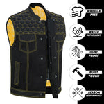 ADM Leather Men’s SOA Denim Mesh Motorcycle Vest – Yellow Stitching, YKK Zipper, Concealed Carry Gun Pockets, Club-Style Band Collar ADM LEATHER