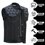 ADM Leather Men’s SOA Style Denim & Leather Motorcycle Vest – Diamond Quilted Shoulders, Concealed Gun Pockets, White Embroidery, Red Stitching, Band Collar ADM LEATHER