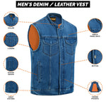 ADM Leather Men’s SOA Style Blue Denim Motorcycle Biker Vest – Diamond Quilted Shoulders, Concealed Carry Pockets, Band Collar ADM LEATHER