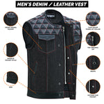 ADM Leather Men’s SOA Style Denim & Leather Motorcycle Vest – Diamond Quilted Shoulders, Concealed Gun Pockets, White Embroidery, Red Stitching, Band Collar ADM LEATHER