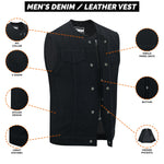 ADM Leather Men’s SOA Style Black Denim Motorcycle Biker Vest – Diamond Quilted Shoulders, Concealed Carry Gun Pockets, Club Riding Vest, With No Band Collar ADM LEATHER