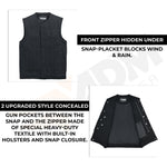 ADM Leather Men’s SOA Style Black Denim Motorcycle Biker Vest – Diamond Quilted Shoulders, Concealed Carry Gun Pockets, Club Riding Vest, With No Band Collar ADM LEATHER