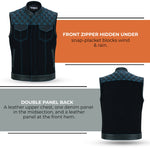 ADM Leather Men’s SOA Denim & Leather Motorcycle Vest — Diamond Quilted Shoulders, Concealed Carry Pockets, Band Collar, Blue Stitching ADM LEATHER