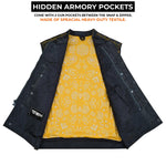 ADM Leather Men’s SOA Denim Mesh Motorcycle Vest – Yellow Stitching, YKK Zipper, Concealed Carry Gun Pockets, Club-Style Band Collar ADM LEATHER