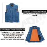 ADM Leather Men’s SOA Style Blue Denim Motorcycle Biker Vest – Diamond Quilted Shoulders, Concealed Carry Pockets, Band Collar ADM LEATHER