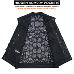 ADM Leather Men’s SOA Denim & Mesh Motorcycle Vest – Black Stitching, Concealed Carry Gun Pockets, YKK Zipper, Club-Style Band Collar ADM LEATHER