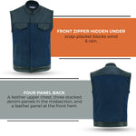 ADM Leather SOA Blue Denim Black Leather Vest, Men’s Motorcycle Biker Club Vest, YKK Zipper, Concealed Carry, Band Collar Rider Vest ADM LEATHER