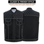 ADM Leather Men’s SOA Denim & Mesh Motorcycle Vest – White Stitching, Concealed Carry Gun Pockets, YKK Zipper, Club Style Band Collar Rider Vest ADM LEATHER