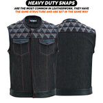 ADM Leather Men’s SOA Style Denim & Leather Motorcycle Vest – Diamond Quilted Shoulders, Concealed Gun Pockets, White Embroidery, Red Stitching, Band Collar ADM LEATHER