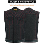 ADM Leather Men’s SOA Style Denim & Leather Motorcycle Vest – Diamond Quilted Shoulders, Gun Pockets, Club Riding Vest, Red Stitching with No Band Collar ADM LEATHER