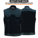 ADM Leather Men’s SOA Denim & Leather Motorcycle Vest — Diamond Quilted Shoulders, Concealed Carry Pockets, Band Collar, Blue Stitching ADM LEATHER