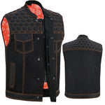 ADM Leather Men’s SOA Denim & Mesh Motorcycle Vest — Orange Stitching, Concealed Carry Pockets, YKK Zipper, Club-Style Band Collar ADM LEATHER
