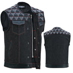 ADM Leather Men’s SOA Style Denim & Leather Motorcycle Vest – Diamond Quilted Shoulders, Concealed Gun Pockets, White Embroidery, Red Stitching, Band Collar ADM LEATHER