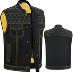 ADM Leather Men’s SOA Denim Mesh Motorcycle Vest – Yellow Stitching, YKK Zipper, Concealed Carry Gun Pockets, Club-Style Band Collar ADM LEATHER