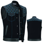 ADM Leather Men’s SOA Denim & Leather Motorcycle Vest — Diamond Quilted Shoulders, Concealed Carry Pockets, Band Collar, Blue Stitching ADM LEATHER